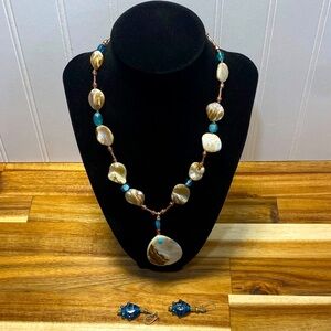 Elegant Shell and Glass Blue & Turquoise Necklace Set- Handmade NWT